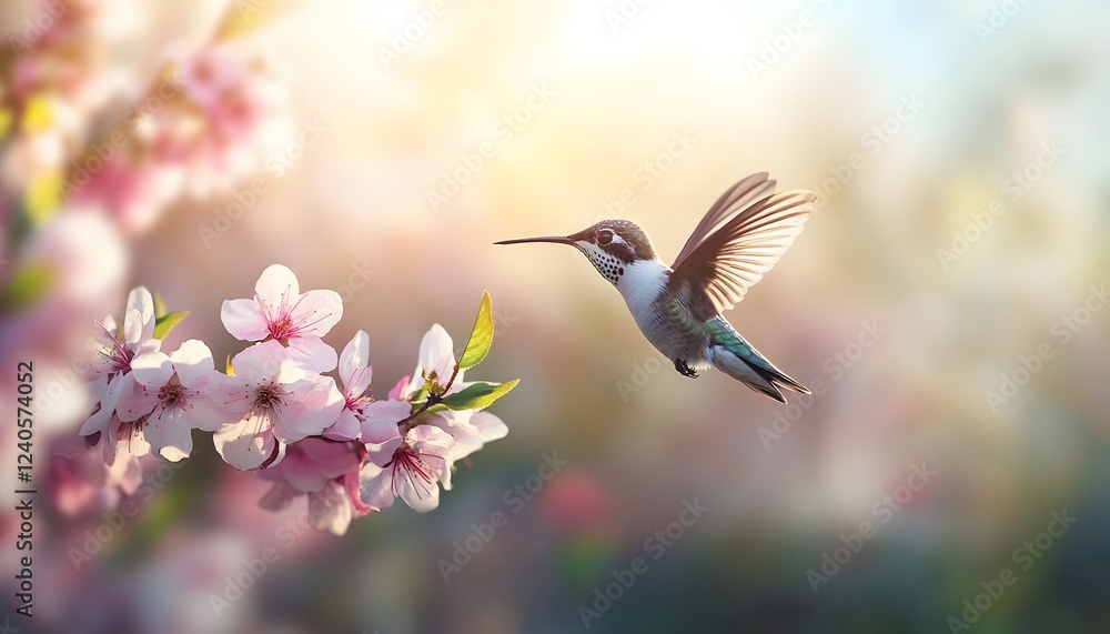 Fototapeta premium Hummingbird in Flight Near Pink Blossoms
