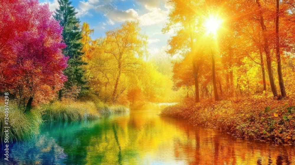 Autumn River with Colorful Foliage at Golden Hour Autumn River with Colorful Foliage at Golden Hour