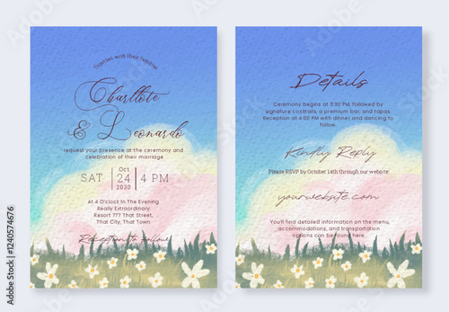 Watercolor Flower Field Wedding Card Set Elegant Nature Scene For Rustic Wedding