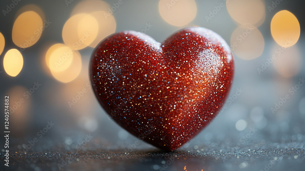 Fototapeta premium Red Glitter Heart on a soft backdrop with glowing bokeh lights for Valentine's Theme