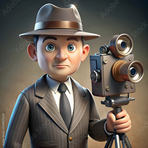 A cartoon man in a fedora holds a vintage movie camera.