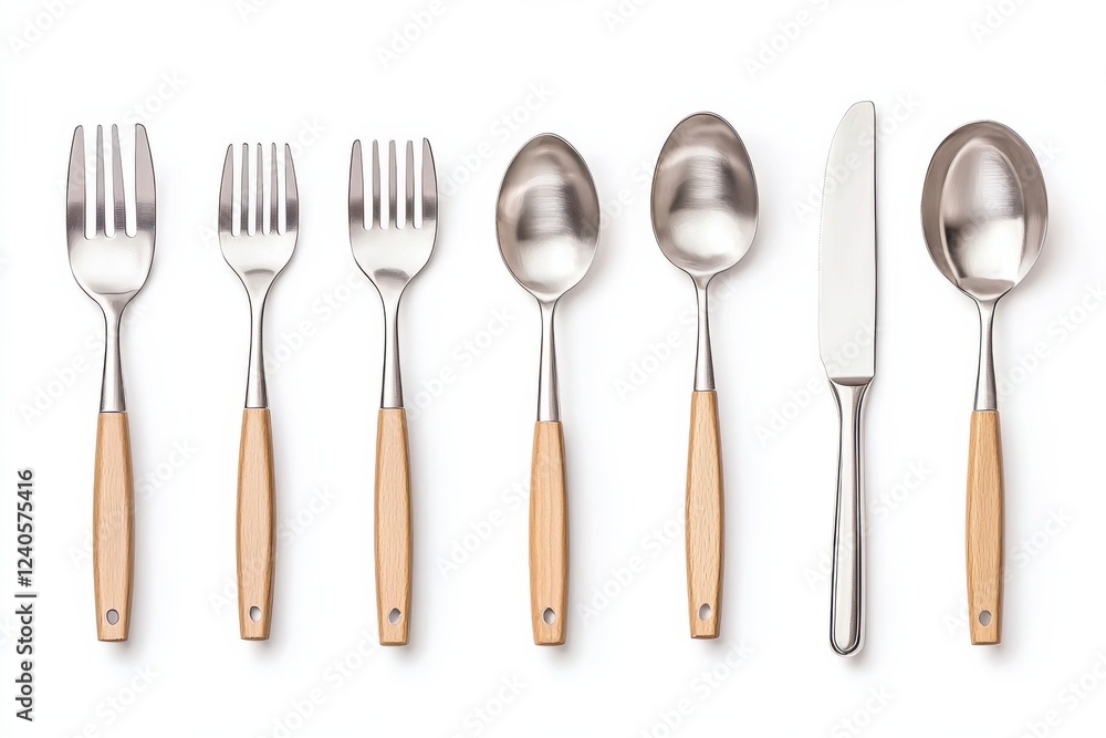 Stainless Steel Kitchen Utensils and Cutlery Set Arranged on White Background Includes Spoons Forks and Knives in a Clean Minimal and Elegant Display Stainless Steel Kitchen Utensils and Cutlery Set Arranged on White Background Includes Spoons Forks and Knives in a Clean Minimal and Elegant Display