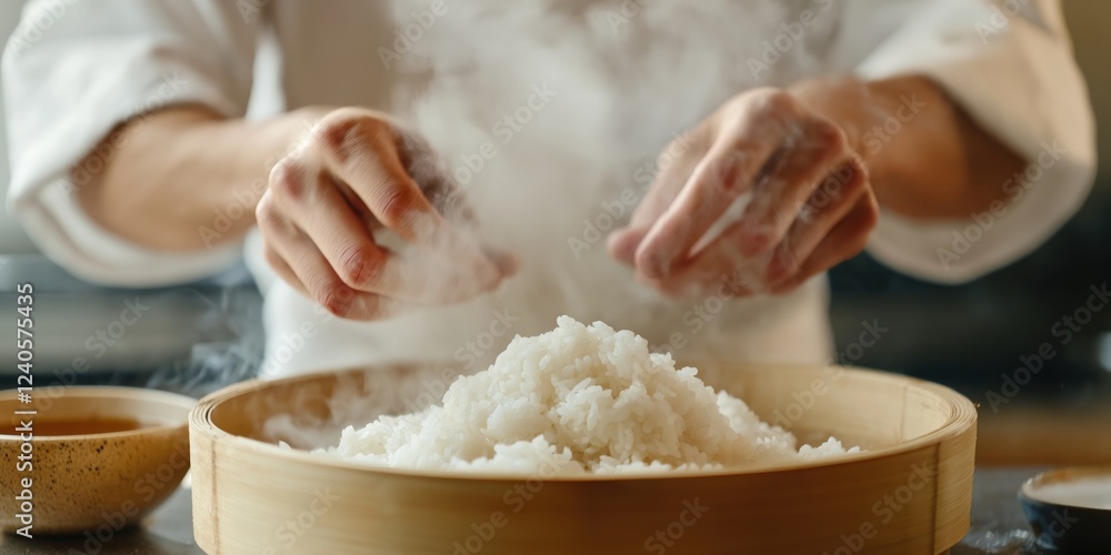Fototapeta premium Steaming Rice Preparation – Hands Working with Freshly Cooked Grains