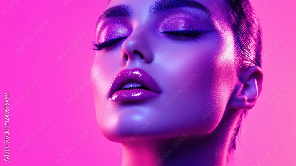Glamorous makeup beauty in neon light for fashion and design Glamorous makeup beauty in neon light for fashion and design
