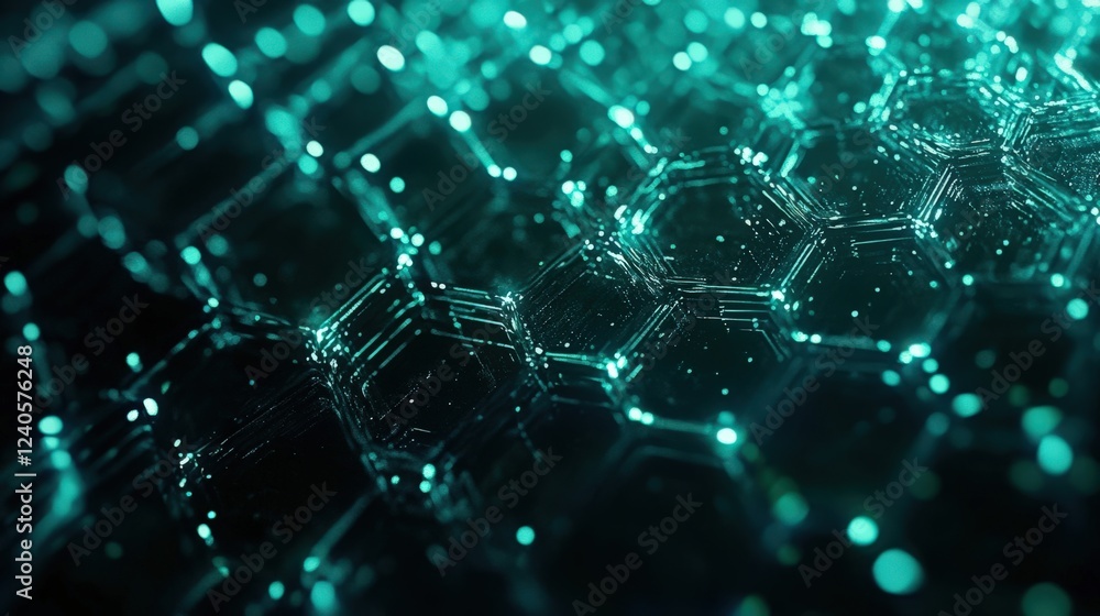 Obraz premium Vibrant Hexagonal Network of Lights in a Dark Background Creating a Futuristic Digital Atmosphere