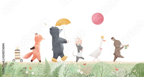 Forest friends are going to have tea. A cheerful company of animals. Graphics for a children's room. watercolor illustration.