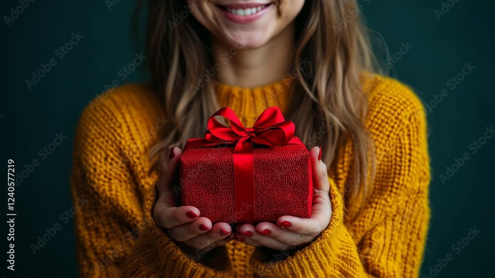 Holding a red gift box with a bow while wearing a cozy sweater in a festive atmosphere Holding a red gift box with a bow while wearing a cozy sweater in a festive atmosphere