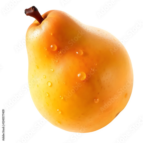 A photorealistic rendering of a juicy pear with tiny water droplets on its skin, isolated on a white background