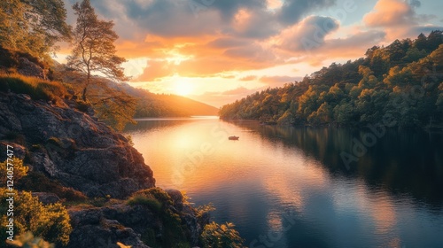 Breathtaking River at Sunset with Golden Sky and Lush Green Hills Reflecting on Water