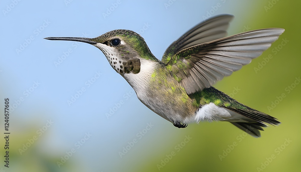 Fototapeta premium Green and white hummingbird in flight showing detail