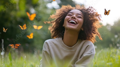 Joyful Woman Surrounded by Butterflies in a Sunlit Meadow