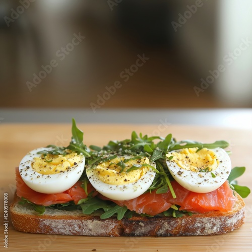 Delicious open-faced sandwich with smoked salmon, arugula, and sliced hard-boiled eggs topped with herbs and spices, copy space for text photo