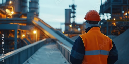 A worker in protective gear inspecting the conveyor belt at an industrial flour mill