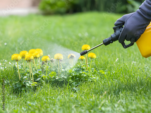 person spraying eco friendly weed killer on dandelions in green lawn, promoting healthy garden. vibrant yellow flowers contrast with lush grass