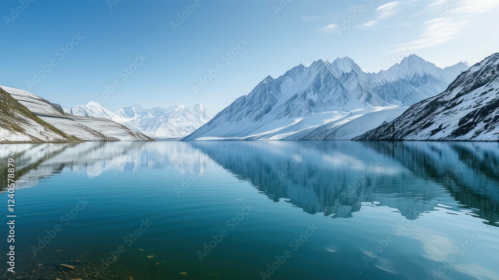 Serene mountain landscape with a reflective glacial lake Serene mountain landscape with a reflective glacial lake