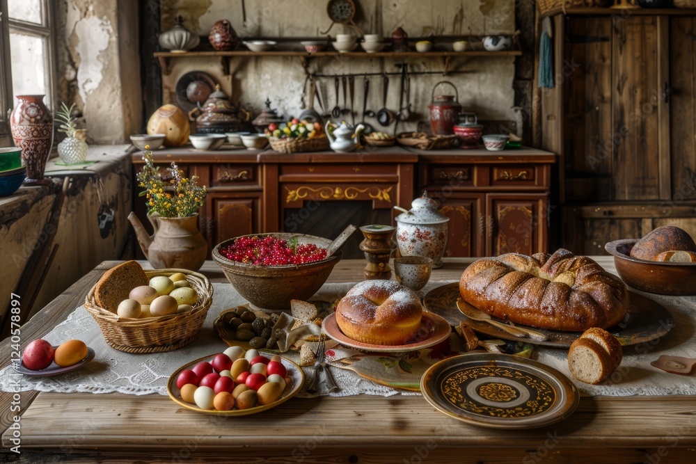 Rustic kitchen with traditional Eastern European baked goods and decor Rustic kitchen with traditional Eastern European baked goods and decor