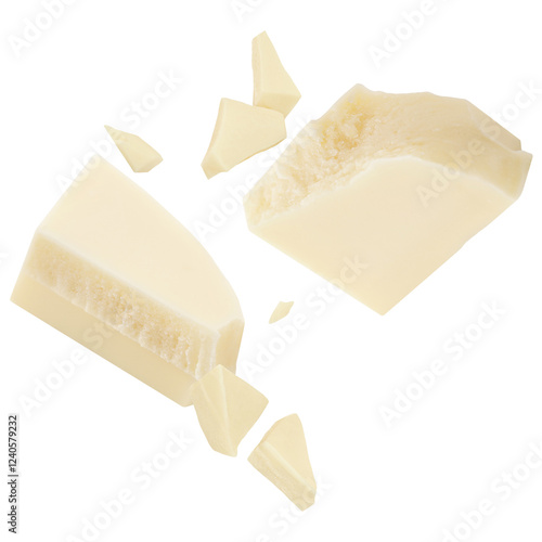 White Chocolate explosion. Levitating milk chocolate pieces shattering isolated on white background. Falling  Chocolate chunks, shavings and cocoa crumbs.