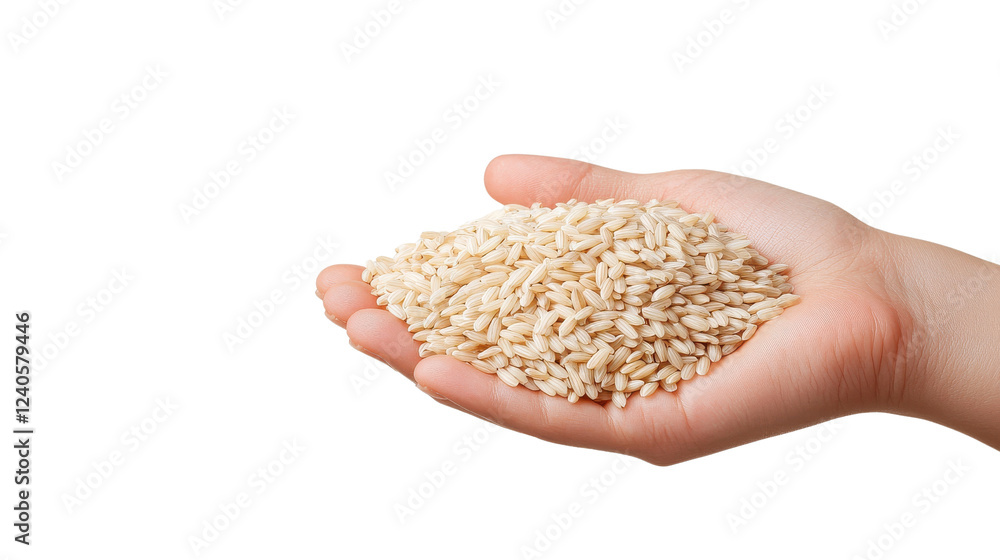 A hand holding a handful of uncooked brown rice, symbolizing nourishment and health. A hand holding a handful of uncooked brown rice, symbolizing nourishment and health.