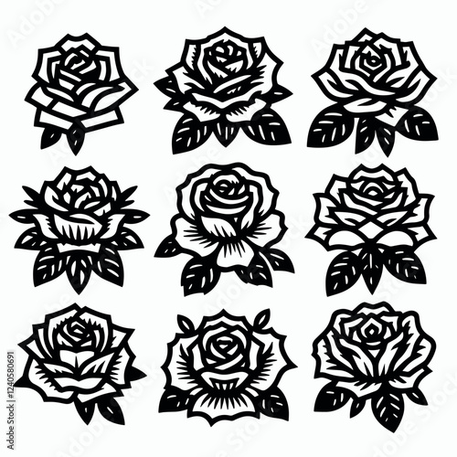 Rose flower Set  black and white vector illustration. Different Simple Tatoo Rose design