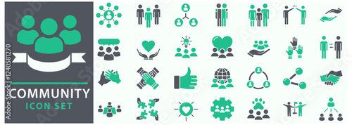 Community icon set. Containing people, friendship, social, diversity, village, relationships, support and community development icons. Set icon collection.