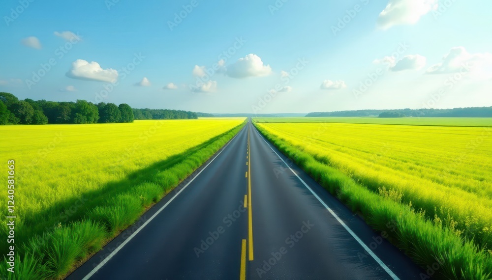 Blacktop highway bisects a vibrant green summer field , light, highway Blacktop highway bisects a vibrant green summer field , light, highway