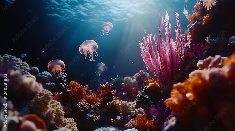 Fototapeta premium Underwater Scene with Jellyfish and Coral Reef