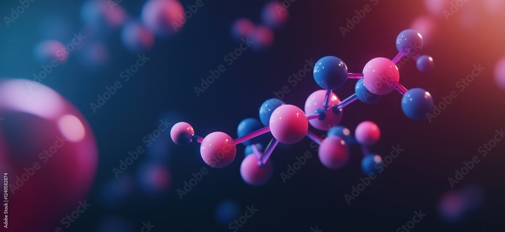 Molecular Structure Visualization with Colorful Atoms and Bonds in 3D Space, copy space for text Molecular Structure Visualization with Colorful Atoms and Bonds in 3D Space, copy space for text