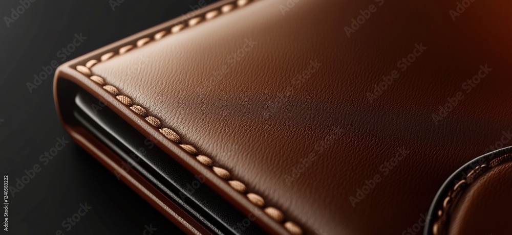 Luxurious brown leather wallet with intricate stitching details showcasing craftsmanship and elegance, copy space for text Luxurious brown leather wallet with intricate stitching details showcasing craftsmanship and elegance, copy space for text