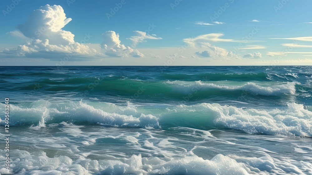 Tranquil ocean waves under a clear sky with soft clouds Tranquil ocean waves under a clear sky with soft clouds