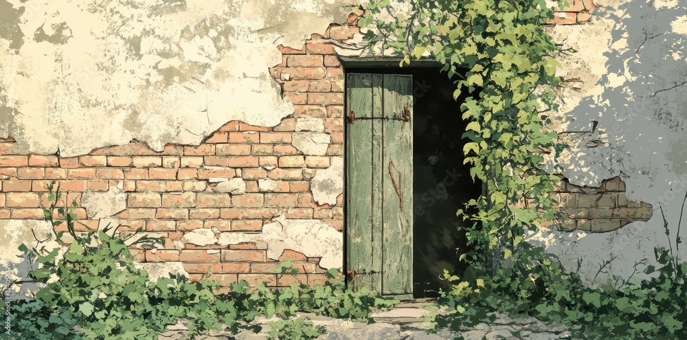 Overgrown Brick Wall With An Open Green Door Overgrown Brick Wall With An Open Green Door