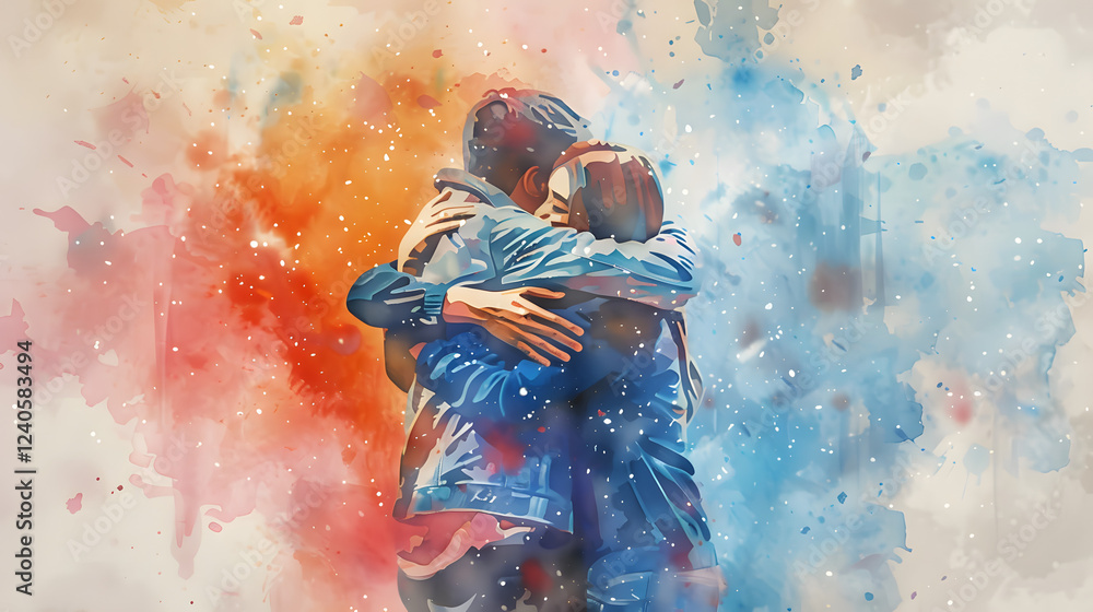 Fototapeta premium People hugging and celebrating watercolor painting