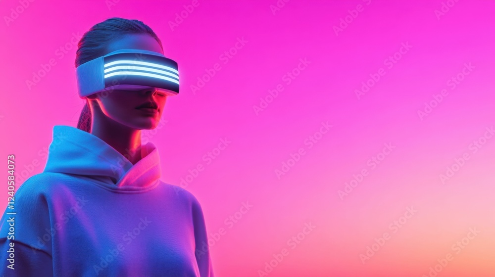 Futuristic woman with vr headset against vibrant gradient background Futuristic woman with vr headset against vibrant gradient background