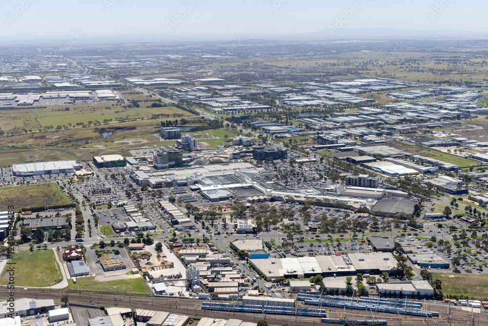 Aerial view of urban cityscape with modern buildings and roads, Epping, Victoria, Australia.