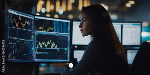 Close-Up of a Female Stock Trader Analyzing Market Data and Financial Charts on Multiple Computer Screens in an Office