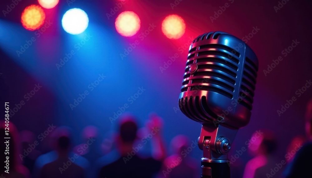 Obraz premium Classic microphone close-up, concert backdrop, music, stage, sound