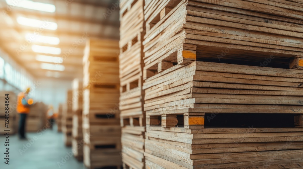 Obraz premium Stacked wooden crates arranged in a vintage warehouse interior The crates are piled high creating a textured and organized storage space