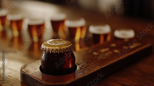 soda cap rests on wooden flight board with craft beer samples, showcasing tasting notes. warm ambiance enhances experience of sampling different brews