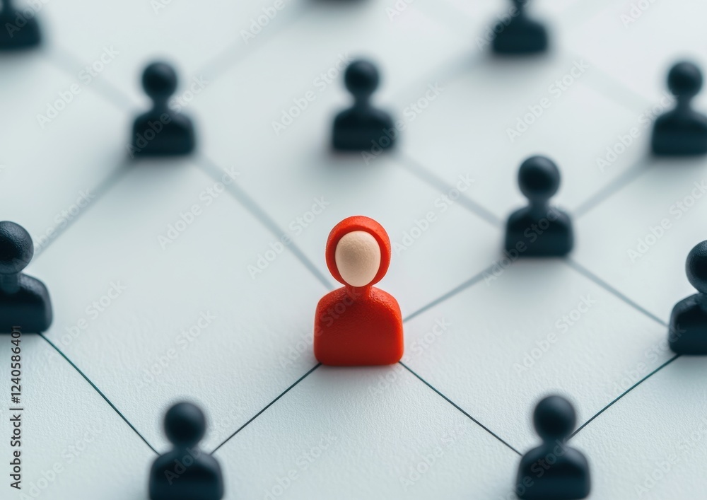 A red figure stands out among black figures on a network grid, symbolizing individuality and connection in a social context. A red figure stands out among black figures on a network grid, symbolizing individuality and connection in a social context.