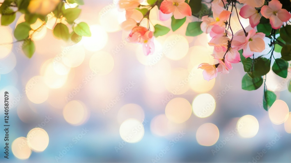 Beautiful floral background with pink blossoms and bokeh lights for nature themed designs Beautiful floral background with pink blossoms and bokeh lights for nature themed designs