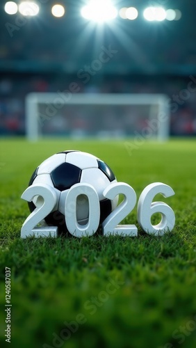 numbers 2026 with a football ball instead of 0, football field in the background	