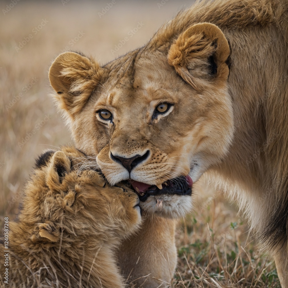 A lion cub playfully tugging on its mother’s tail on a white background. A lion cub playfully tugging on its mother’s tail on a white background.