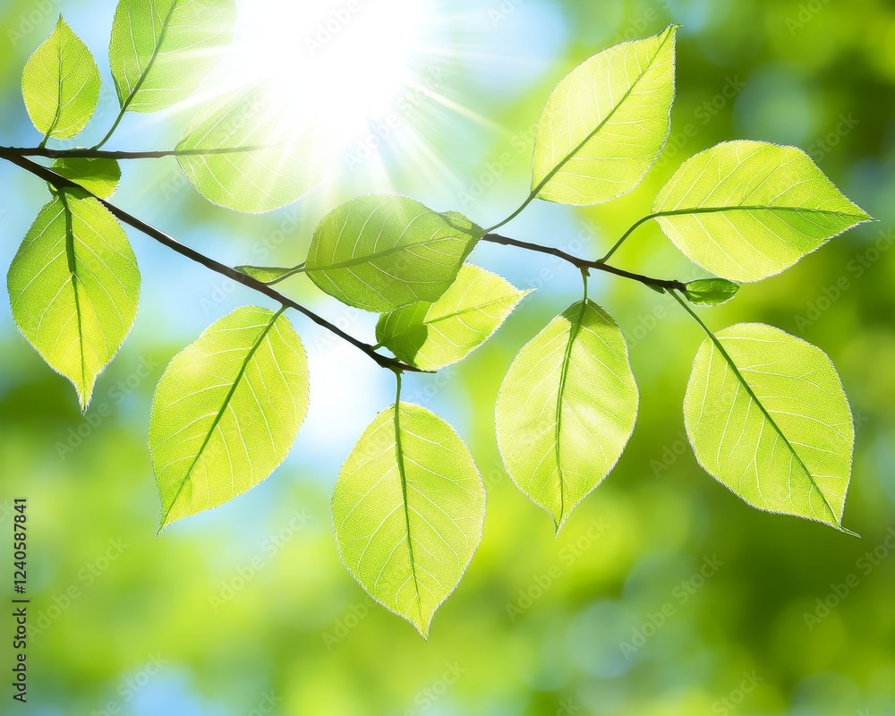 Sunbeams Through Fresh Green Leaves On A Branch, Springtime Nature Background, Vibrant New Life. Sunbeams Through Fresh Green Leaves On A Branch, Springtime Nature Background, Vibrant New Life.