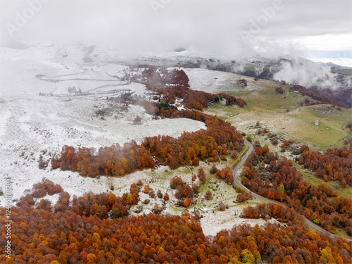 Aerial view of beautiful autumn woods and snow-capped mountains with a winding road, Lessinia, Bosco Chiesanuova, Italy. photo