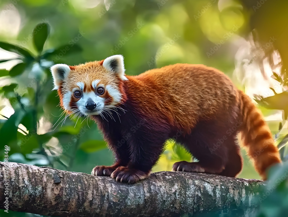 Fototapeta premium Close-up View of a Rare Red Panda Exploring Its Natural Habitat Amid Lush Greenery During Daylight Hours