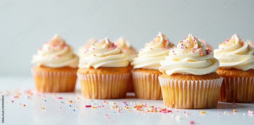A dozen frosted cupcakes, colorful sprinkles, white table, homemade, light background A dozen frosted cupcakes, colorful sprinkles, white table, homemade, light background