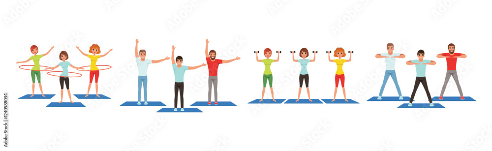 Naklejka premium Happy Man and Woman Do Fitness Workout and Training Vector Set