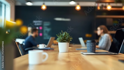 Wallpaper Mural Modern Coworking Space: Blurred Professionals Working on Laptops, Coffee, and Plants Torontodigital.ca