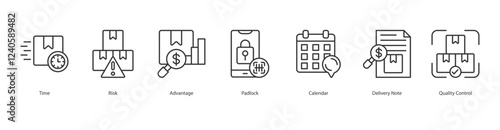 Logistics Icon Sheet Time, Risk, Advantage, Padlock, Calendar, Delivery Note, Quality Control