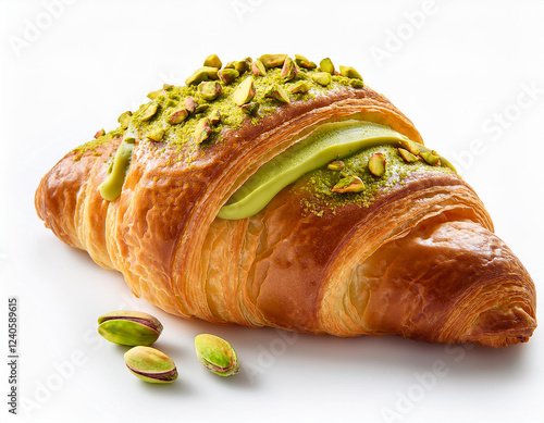 fresh croissant with pistachios isolated on a white background