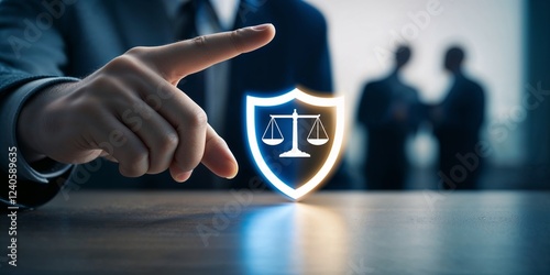 Hand protects a legal shield with scales of justice icon